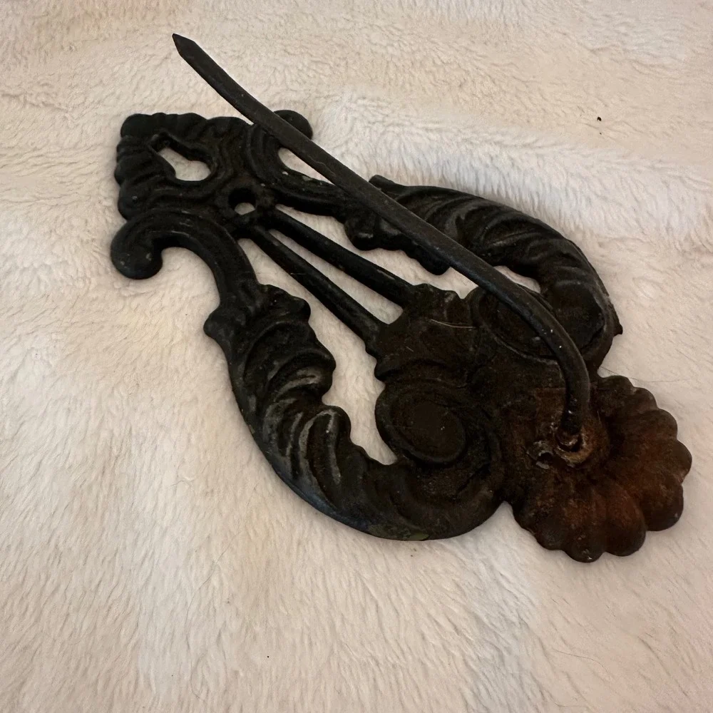 Vintage Lyre Wall Hook Black Cast Iron Victorian Scroll Decor Primitive Rustic